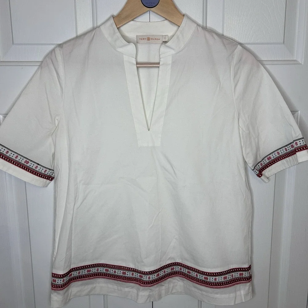 Tory Burch white poplin/red embroidery popover blouse, Size 0